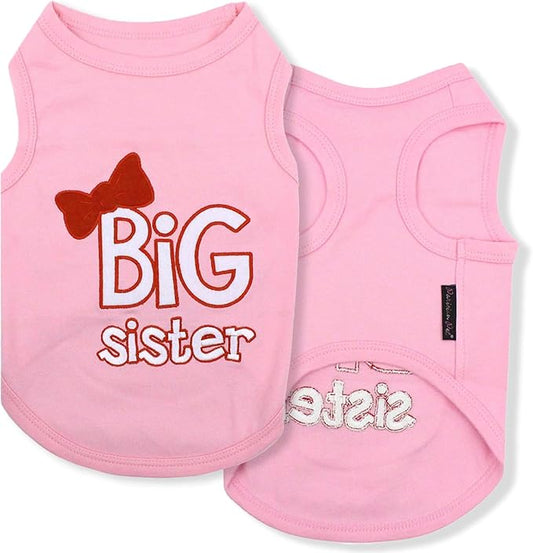 Parisian Pet Dog T-Shirt with Embroidered ' Big Sister ' - Breathable Big Sister Dog Shirt - Sleeveless Pet Vest - Machine Washable Pink Clothes for Medium-Sized Dogs - M