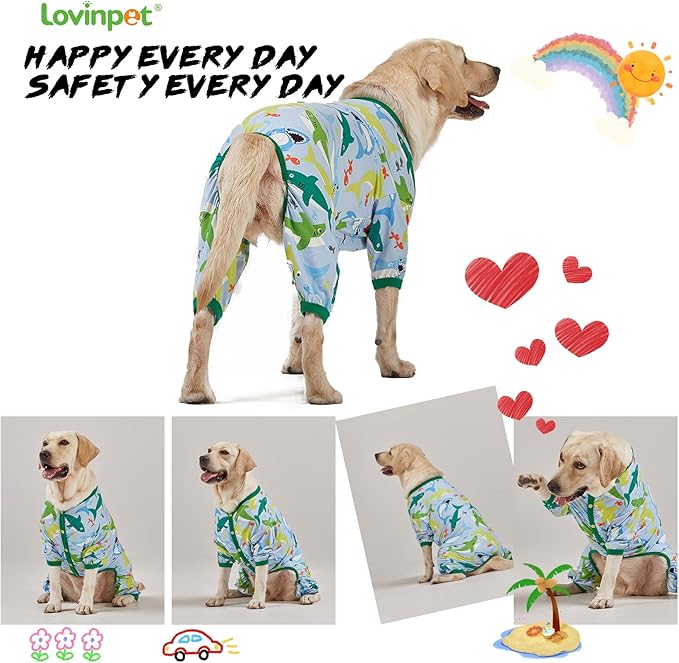 LovinPet Surgical Recovery Shirt for Large Dogs, Undershirt for Dog Coats, Lightweight Stretchy Knit Dog Onesie, Big Bites Turquoise Print, Pitbull Shirt, UV Protection,Stop Shedding for Dogs, 3XL
