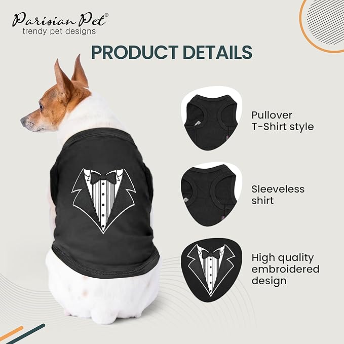 Parisian Pet Dog Tshirt - Embroidered “ Tuxedo“ Tank Top - 100% Cotton and Lightweight Dog Clothes - Sleeveless Machine Washable Black Tee Shirts for Large Dogs - Pet Vest - XL