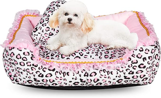 Gigreinc Dog Bed for Small Dogs - Cute Pink Leopard Dog Bed,Cat Beds for Indoor Cats Washable - Square Shape Cat Dog Sofa Bed Pet House Nest Cave(M, 20.8" L x 18" W x 5.5"