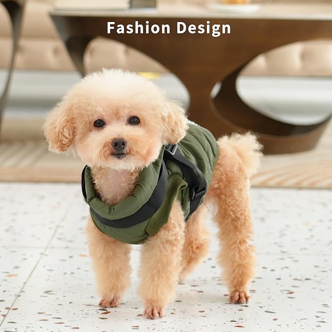 Dog Jacket with Harness,Fleece Lined Warm Puppy Coat for Winter,Soft Windproof Small Dog Vest,Green S