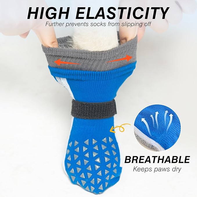 SCENEREAL Anti Slip Dog Socks for Hot Pavement to Prevent Licking Paws, Long Sporty Style Reflective Dog Grip Socks for Hardwood Floors, Dog Shoes Booties&Paw Protector for Small Senior Dog, Blue S