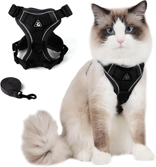 Cat Harness and Leash Set Escape Proof, Adjustable Vest with Lead for Large Cat Small Dog Puppy Walking, Soft Jacket Reflective Strips, L Black