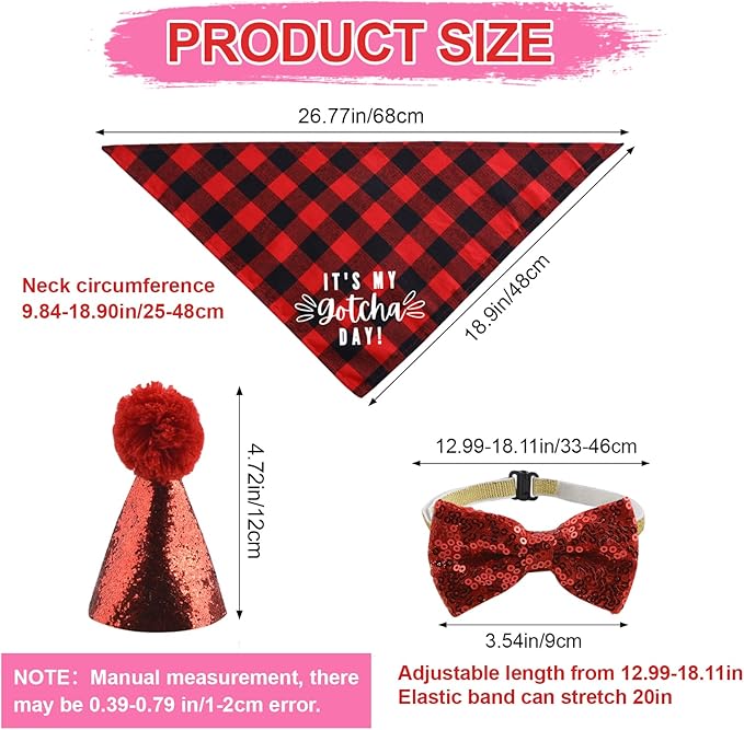 Dog Birthday Bandana Hat Bow Tie Set, 3 Pieces Foldable My Gotcha Day Plaid Dog Bandana Dog Birthday Party Hat with Cute Dog Bow Tie Collar for Dogs Cats Pets, Red