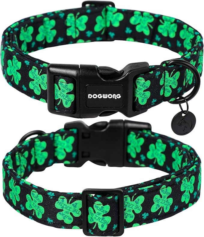 DOGWONG Black St. Patrick's Day Dog Collar, Green Lucky Clover Shamrock Dog Collar Soft Durable Adjustable Costume Bright Lucky Charm Puppy Collar for Small Medium Large Dog