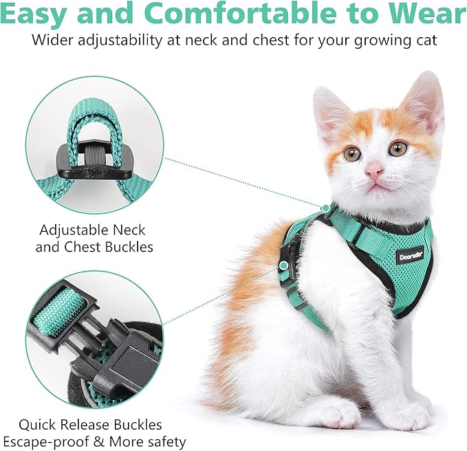Dooradar Cat Harness and Leash Set, Escape Proof Safe Adjustable Kitten Vest Harnesses for Walking, Easy Control Soft Breathable Mesh Jacket with Reflective Strips for Cats, Green, XXS