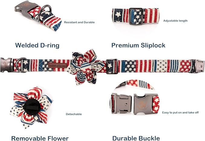 Elegant little tail US Flag Dog Collar, Cute Detachable Dog Collar with Flower, Gift Pet Collar Adjustable Dog Collar for X-Small Puppy