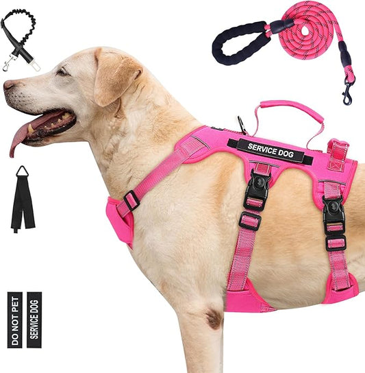 Escape Proof Dog Harness for Large Medium Sized Dogs Six Point Adjustable, Service Dog Vest Harness and Leash Set, No Pull Dogs Harnesses with Handle, XL Dog Harnesses for Walking(Pink, L)