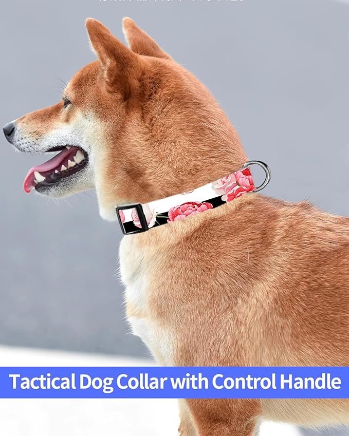 Dog Collar, Cute Dog Collar for Small Medium Large Dogs, Personalized Adjustable Soft Pet Collars with Quick Release Buckle for Walking Running, Black White Red Flowers
