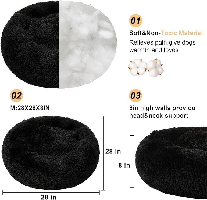 Dog Calming Beds for Small Medium Large Dogs - Round Donut Washable Puppy Dog Bed, Anti-Slip Faux Fur Fluffy Donut Cuddle Anxiety Cat Pet Bed(28'' Black)