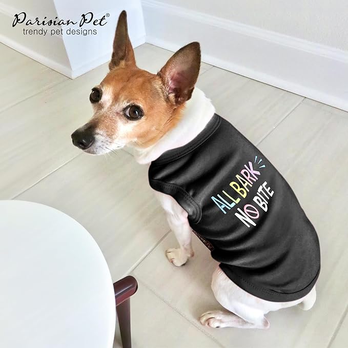 Parisian Pet Dog T-Shirt - Embroidered ' All Bark No Bite ' 100% Cotton, Dog Clothes - Sleeveless Pet Vest - Machine Washable Dog Shirts for Small Dogs S