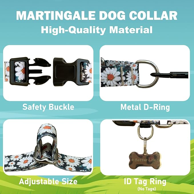 Quick Release Dog Collar Martingale Adjustable Nylon Soft Flower Dog Collars with Buckle (Daisy,XLarge)