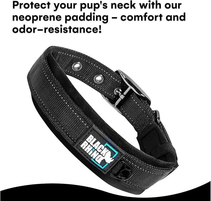 Black Rhino Extra Large Dog Collar - Adjustable Reflective Heavy Duty Dog Collars with Ultra-Soft Neoprene Padding - Weatherproof, Durable, and Comfortable - Ideal for Active Dogs - Black