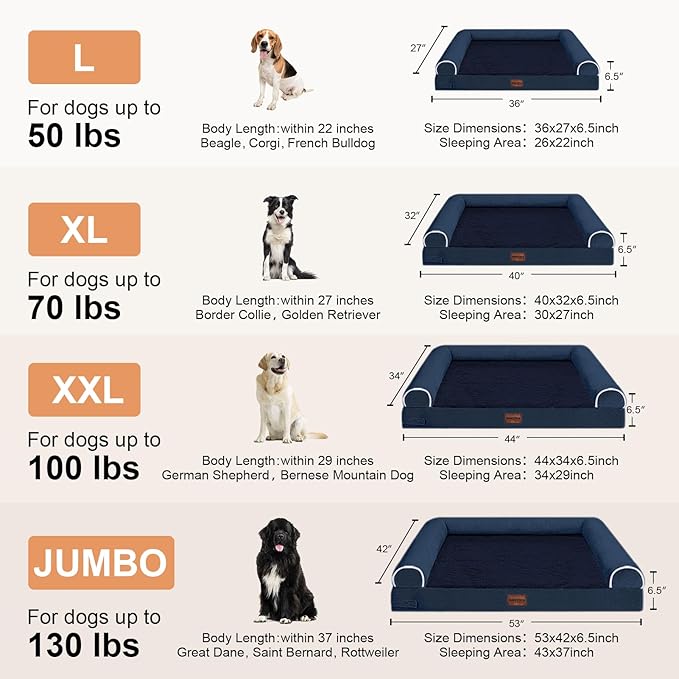 Large Dog Bed Orthopedic Washable: Beds Bolster XL Bed Large Big Dogs Memory Foam Couch Sofa Waterproof with Removable Cover - Navy Blue