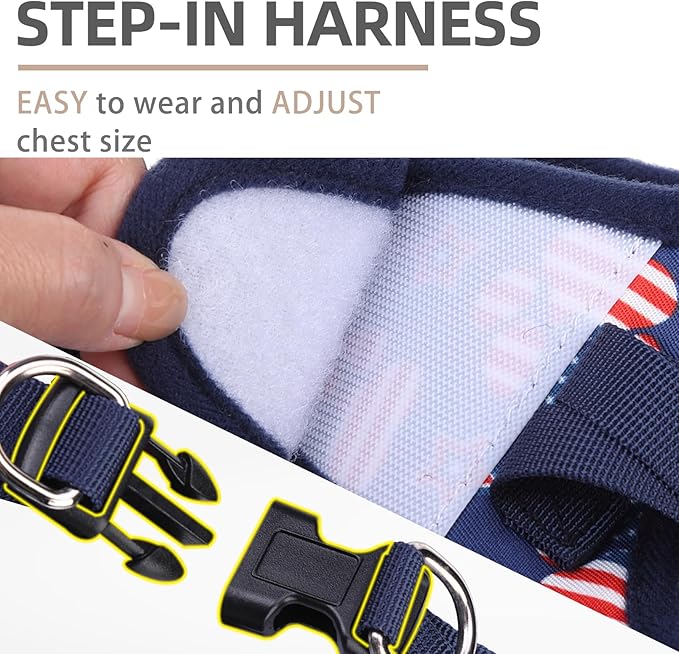 PUPTECK Dog Harness and Leash Set for Small Medium Dogs No Pull Step-in Soft Mesh Puppy Cat Vest Harnesses Reflective at Night, Stars and Strips, Blue, S