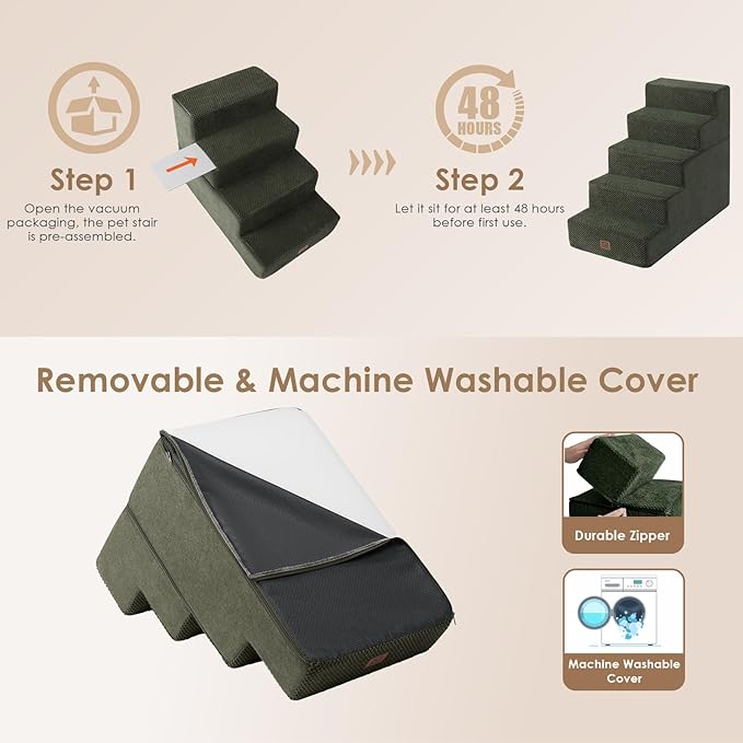 EHEYCIGA Dog Stairs for High Bed 22.5”H, 5-Step Dog Steps for Bed, Pet Steps for Small Dogs and Cats, Non-Slip Balanced Pet Ramp Indoor, Olive Green