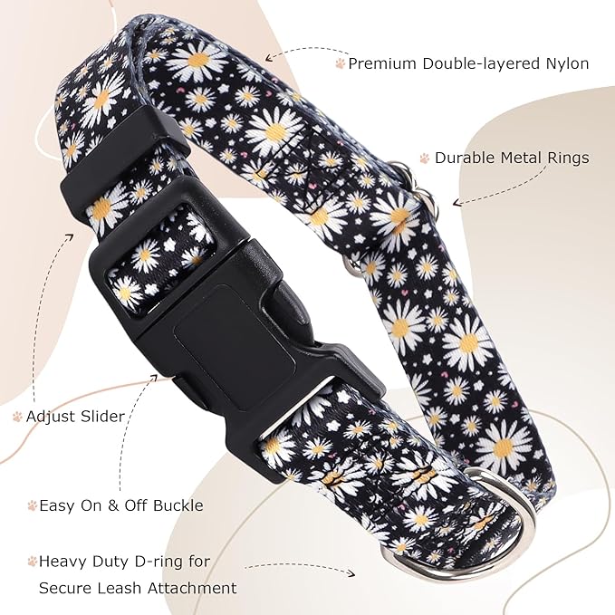 Dog Collars for Puppy Small Dogs with Daisy Patterns, Cute Dog Collar Buckle Collar for Puppy, Adjustable Comfy Soft Durable Pet Collar for XS Small Medium Large Extra Large Dogs (XS)