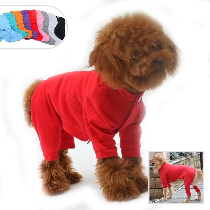 Lovelonglong Four Feet Dog Lightweight Pajamas, Pure Cotton Dog Jumpsuits 4 Legs Dog Onesies T-Shirt Stylish PJS Puppy Costume for Large Medium Small Dogs Red S