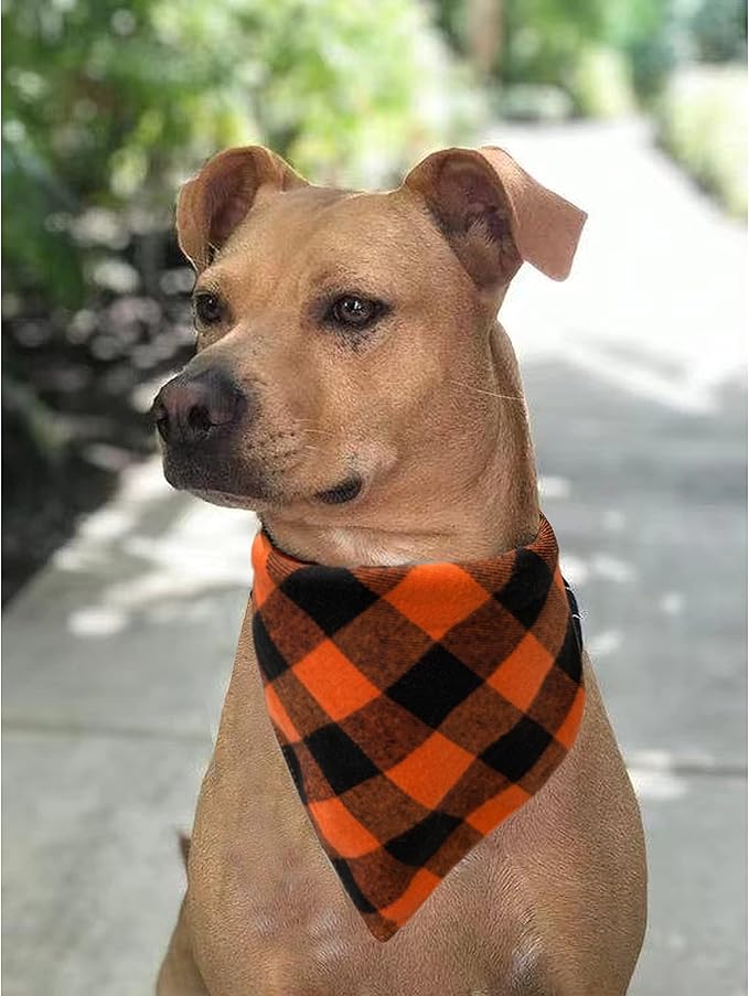 Realeaf Thanksgiving Fall Dog Bandanas 2 Pack, Orange Plaid Pet Scarf for Boy and Girl, Premium Durable Fabric, Holiday Halloween Bandana for Large and Extra Large Dogs (X-Large)