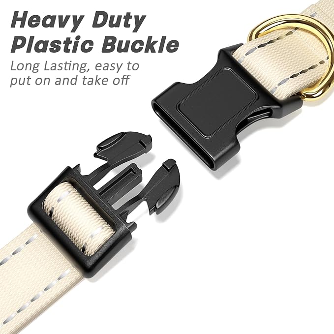Reflective Dog Collar for Large Dogs, Cute Adjustable Heavy-Duty Nylon Puppy Collars for Boy and Girl Female, Soft Pet Accessories with Quick Release Buckle, Neck 16-24", Beige