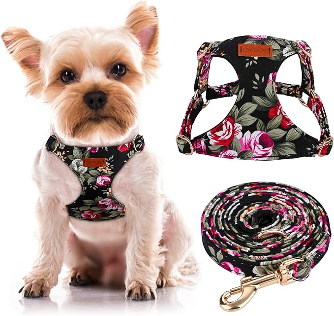 CHEDE No Pull Floral Pattern Dog Harness- Lightweight and Soft Dog Harness, Adjustable Small Dog Harness and Leash Set, with Dog Leash, Suitable for Puppy Small and Medium-Sized Dog