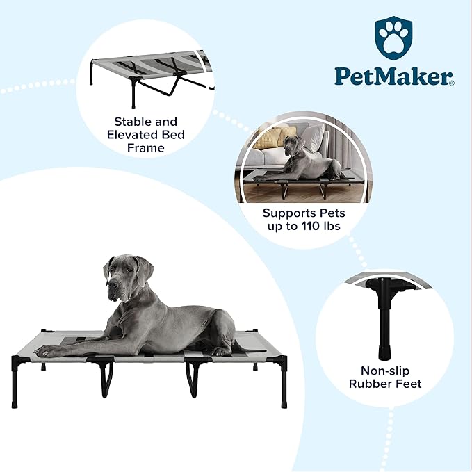 Elevated Dog Bed - 48x35.5-Inch Portable Pet Bed with Non-Slip Feet - Indoor/Outdoor Dog Cot or Puppy Bed for Pets up to 110lbs by PETMAKER (Gray)