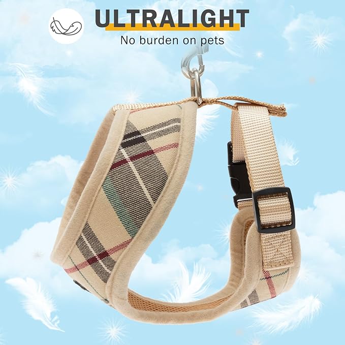 SCENEREAL Puppy Dog Harness with Leash Set for Small Medium Sized Dogs, Soft Mesh Step in Pet Harnesses and Leash, No Chock Plaid Adjustible No Pull Vest for Dogs Cats, Chihuahua,Bulldog (Beige M)