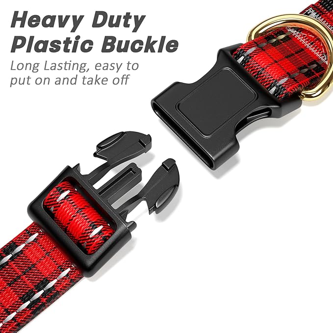 Reflective Dog Collar for Small Dogs, Cute Boho Adjustable Heavy-Duty Nylon Puppy Collar for Boy and Girl Female, Soft Pet Accessories with Quick Release Buckle, Black Red Tartan