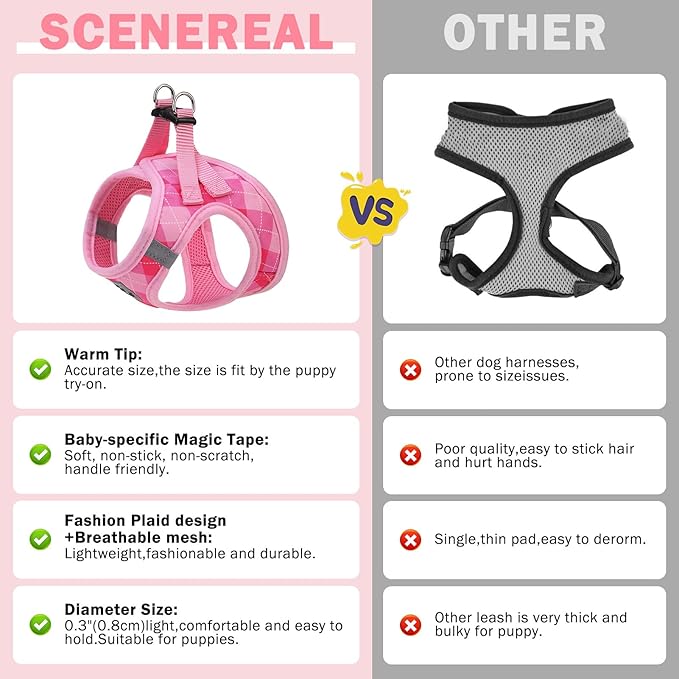 SCENEREAL Dog Harness Collar and Leash Set, Step-in No Pull Pet Vest Harnesses for Small Medium Dogs Puppy Cats, Soft Mesh No-Chock Reflective Vest Harness for Outdoor Walking Running, Pink Plaid S