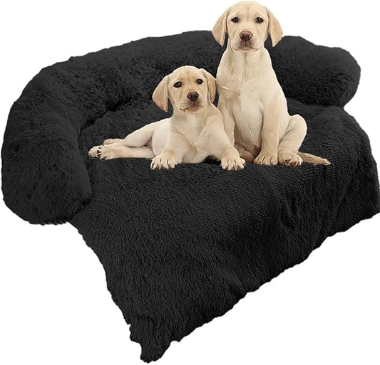 Calming Dog Bed Fluffy Plush Dog Mat for Furniture Protector with Removable Washable Cover for Large Medium Small Dogs and Cats (Medium, Black)
