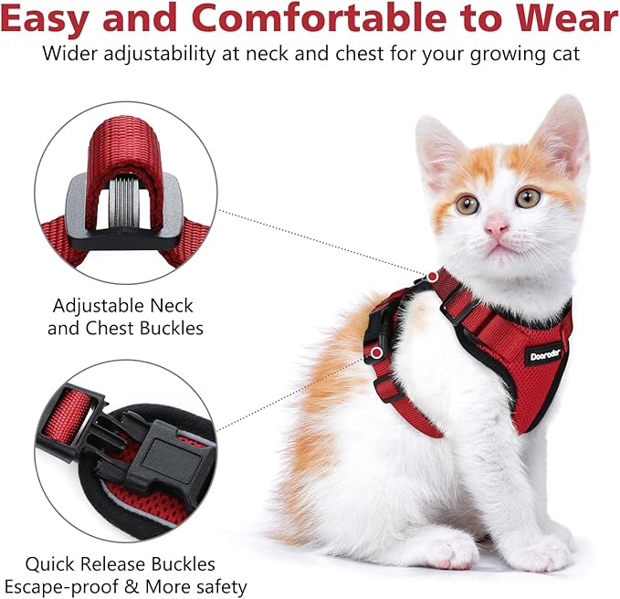 Dooradar Cat Harness and Leash Set, Escape Proof Safe Adjustable Kitten Vest Harnesses for Walking, Easy Control Soft Breathable Mesh Jacket with Reflective Strips for Cats, Red, XS