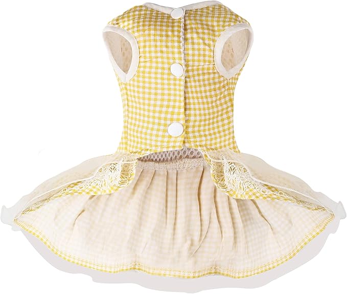 Dog Dress Plaid with Bowknot Cute Dress for Small Dog Cat Puppy Outfits with Harness Leash（ Yellow，Medium ）