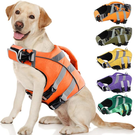 Kuoser Dog Life Jacket with Reflective Stripes - Adjustable High Visibility Vest, Ripstop Lifesaver, Pet Preserver with High Flotation Swimsuit for Small, Medium and Large Dogs