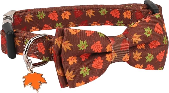 ADOGGYGO Fall Dog Collar with Bowtie, Adjustable, Brown, Maple Leaves Pattern, Halloween Thanksgiving Fall Bow Collars for Small Medium Large Dogs (Small)
