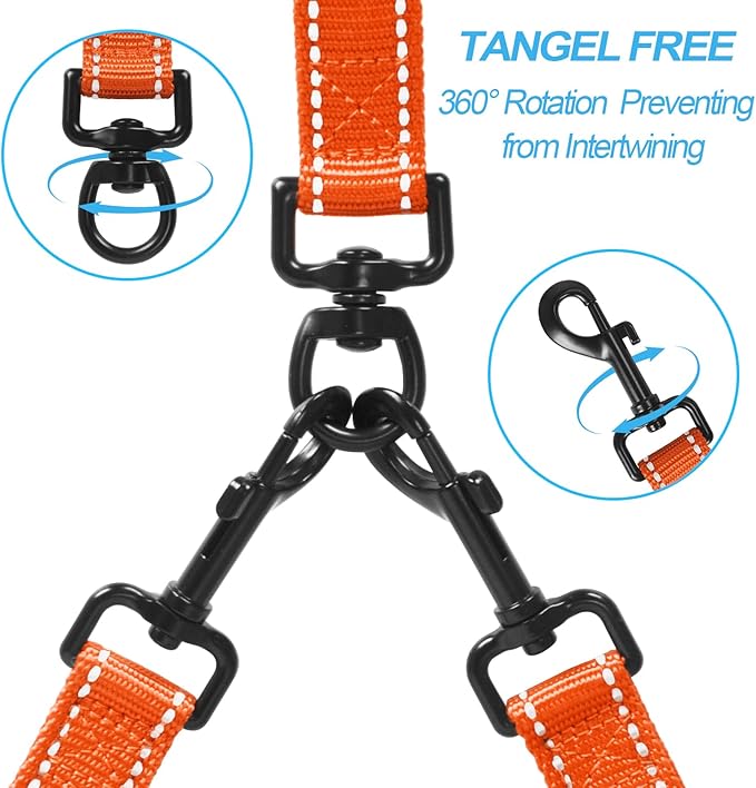 PetBonus Double Dog Leash, No Tangle Dual Leash, Reflective Walking Training Lead, 4 Comfortable Padded Handles for 2 Dogs with Collapsible Bowl and Waste Bags (Orange, Large)