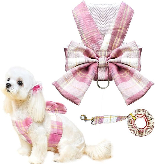 Cute Dog Harness and Leash Set with Bow Tie Soft Mesh Plaid Girl Puppy Harness No Pull Pet Cat Dog Vest Harness for Small Dogs Chihuahua Rabbit Outfit (Pink,XS)