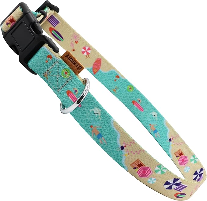 Dog Collar, Cute Holiday in Beach Pattern, Soft and Adjustable Collar with Quick Release Buckle (XS (Neck 9-13", Width 3/8"), Beach Green)