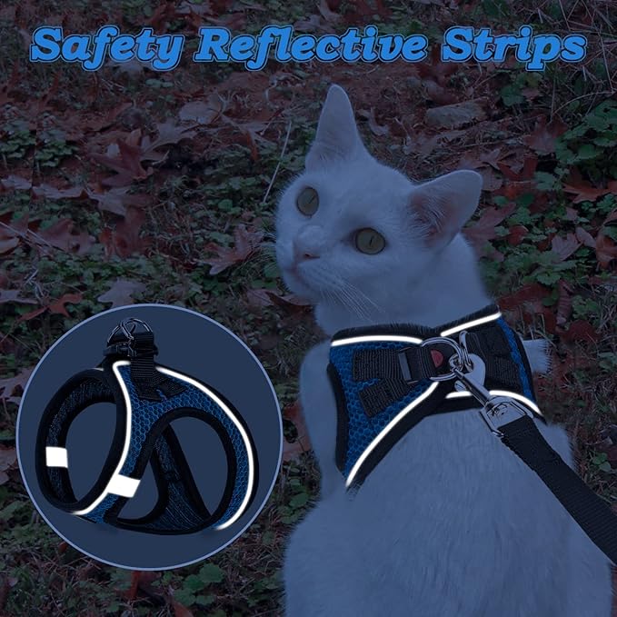 Cat Harness and Leash for Walking Escape Proof, Adjustable Kitten Vest Harness Reflective Soft Mesh Puppy Harness for Outdoor, Comfort Fit, Easy to Control (Blue, L)