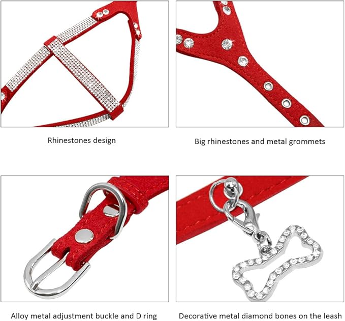 Beirui Soft Suede Leather Dog Harness and Leash Set - Rhinestone Dog Harness Sparkly Crystal Vest & 4 ft Lead for Small Dogs & Cats Pets Chihuahua Schnauzer Yorkshire,Red,Chest for 12-14"