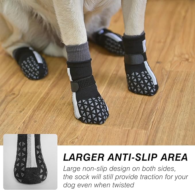 SCENEREAL Anti Slip Dog Socks for Hot Pavement to Prevent Licking Paws, Long Sporty Style Reflective Dog Grip Socks for Hardwood Floors, Dog Shoes Booties&Paw Protector for Small Senior Dog, Black S