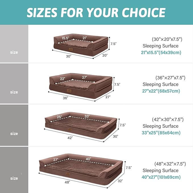 Orthopedic Dog Bed for Extra Large Dog, XL Pet Couch for XLarge Dog, Big Supportive Foam Bolster Sofa with Waterproof Lining Cover, Comfort, Washable, 48x32x7.5 in, U Shape, Brown