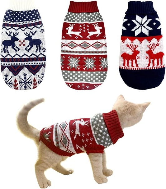 3Pcs Christmas Dog Sweater Costume Xmas Cat Knitwear Clothes Navy Blue White and Christmas Red Sweaters with Reindeers Snowflakes Pattern for Kitten Cat Puppy Dog S