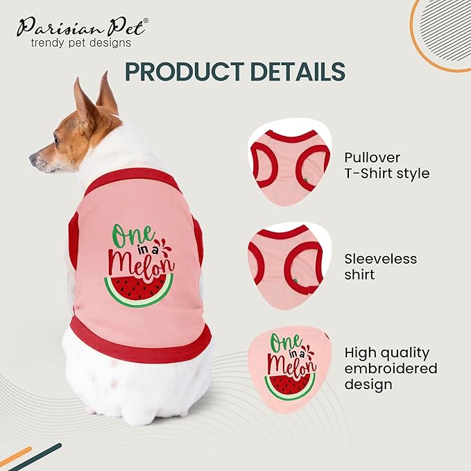 Parisian Pet Dog Tshirt - Embroidered “ One in a Melon “ Tank Top - 100% Cotton and Lightweight Dog Clothes - Sleeveless Tee Shirts - Machine Washable Shirt for Large Dogs - Pet Vest - 3XL