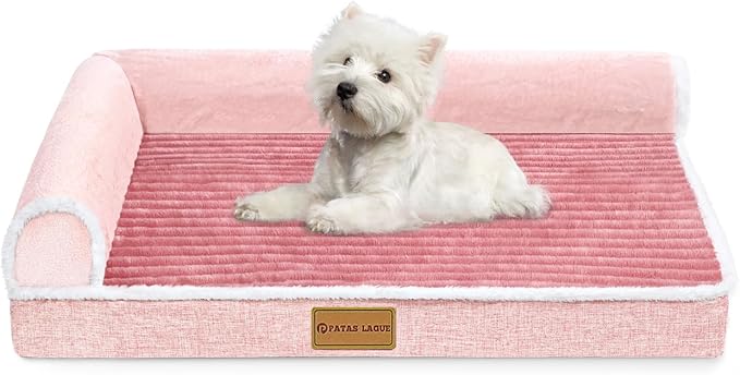 Patas Lague Orthopedic Dog Bed for Medium Dogs 30''X20'', Waterproof Comfortable L Shaped Medium Non-Slip Soft Warm Pet Sofa Sleep Bed mat with Removable Washable Cover, Pink