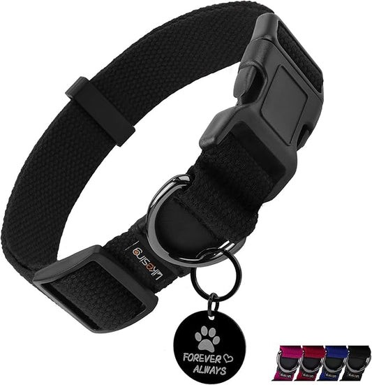 Cotton Soft Dog Collar, Quick Release Dog Collar with Buckle, Heavy-Duty Adjustable Pet Collar for XS Small Medium Large Dog, Colorfast Dog Collars with Removable Tag(L, Black)