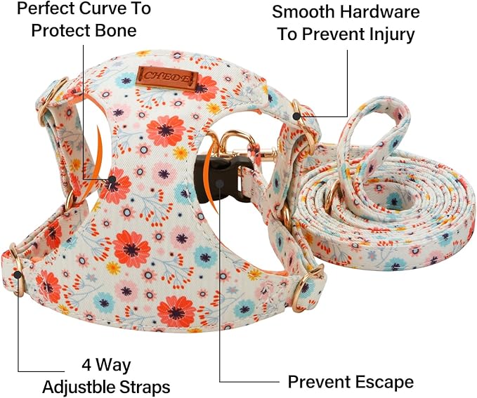 CHEDE No Pull Floral Pattern Dog Harness- Lightweight and Soft Dog Harness, Adjustable Small Dog Harness and Leash Set, with Dog Leash, Suitable for Puppy Small and Medium-Sized Dog