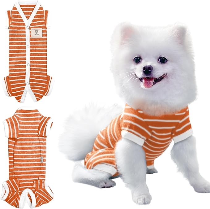 TONY HOBY Female/Male Pet Dog Pajamas Stripes 4 Legged Dog pjs Jumpsuit Soft Cotton Dogs Clothes(S, Orange+White-Girls)