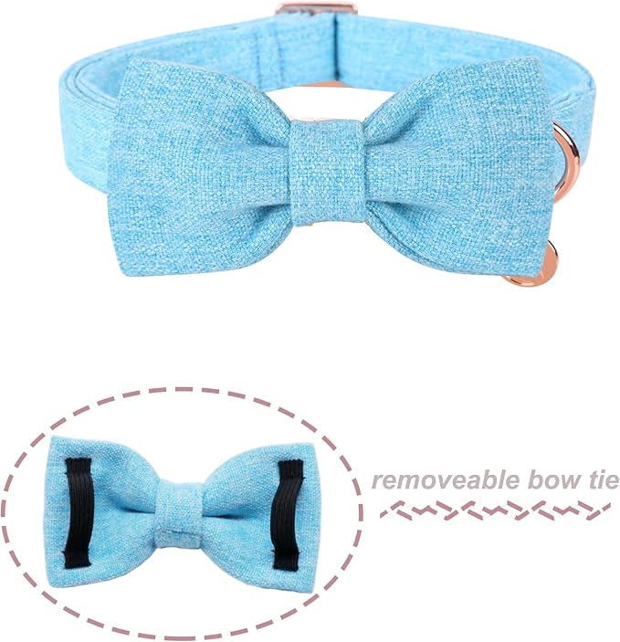 DOGWONG Hemp Cotton Dog Collar with Bow Blue Pet Collar Durable Adjustable Puppy Collar for Small Medium Large Dogs