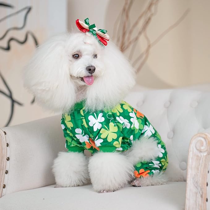 CuteBone Clover St.Patrick's Day Small Dog Pajamas Soft Puppy Pjs Fleece Stretchy Onesie Cat Clothes for Daily Wear P275S