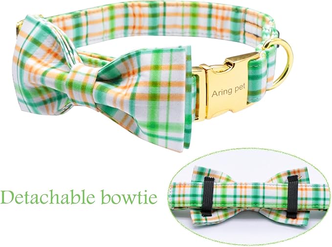 ARING PET Bowtie Dog Collar, Adorable Green Grid Dog Collars with Detachable Bow, Adjustable Collar Gifts for Small Medium Large and Girl Boy Dogs